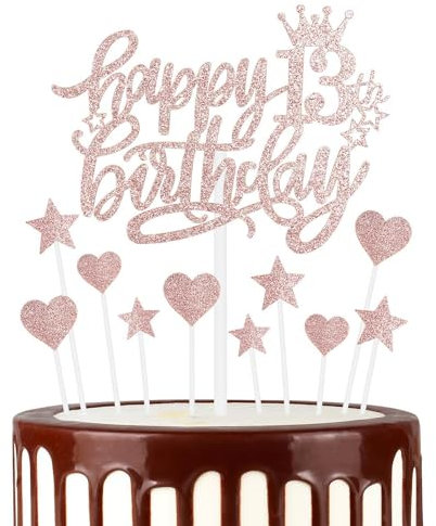 Happy 13th Birthday Cake Toppers, Rose Gold Cake Cupcake Toppers for Cake, Glitter Heart Stars Cake Toppers, Birthday Gift, Personalised Cake Toppers for Women Girls 13th Birthday Cake Decorations