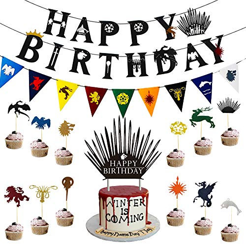 GOT Game of Throness Birthday Banner, Cake,Cupcake Toppers for GOT Birthday Party Supplies Decorations, 1 Pack Happy Birthday Banner, 1 Pack GOT Banner, 1 Pack Cake topper,24 Pack Cupcake Toppers