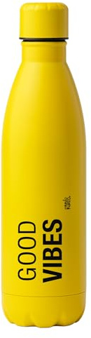 Regalo Botella agua de acero inoxidable 304. Good vibes. Capacidad 790 ml. Deporte, escuela, trabajo. Cierre antigoteo. Color Amarillo