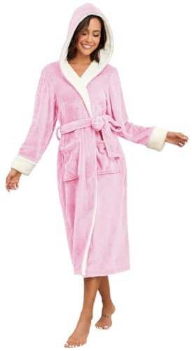 RONGTAI Peignoir à capuche en polaire pelucheuse pour femme avec deux poches latérales et ceinture, rose, XXL