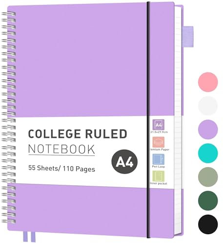RETTACY Notizbuch A4 Liniert, Leichtgewicht Ringbuch, Tagebuch 55 Blatt / 110 Seiten Zum Schreiben, Notepad 100 GSM, College-liniertes PVC Journal 21,5 x 27,9cm - Lila