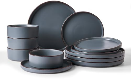 Famiware Nebula Ridge 12-Piece Stoneware Dinnerware Set, Charcoal