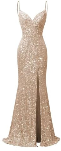 KURFACE Robe de soirée formelle sirène scintillante à bretelles spaghetti pour femme avec fente, rose gold, 36