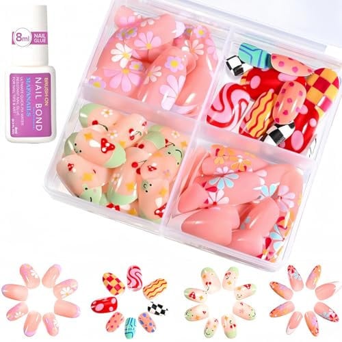 96pcs False Nails with Glue,Cute Press On Nails with Flower Cherry Points and Lines Designs,Full Cover Artificial Nail Tips for Women,Cartoon Stick On Nails with Glue,Short Fake Nail,Press on Nail