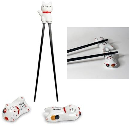 ESS-Stäbchen für Kinder, weiß, 22 cm, mit süßem Bär, Katze, Hase, Panda als Halterung für Anfänger, Stäbchen auswechselbar (Stäbchen-Set Katze/Keramik-Ablagen)
