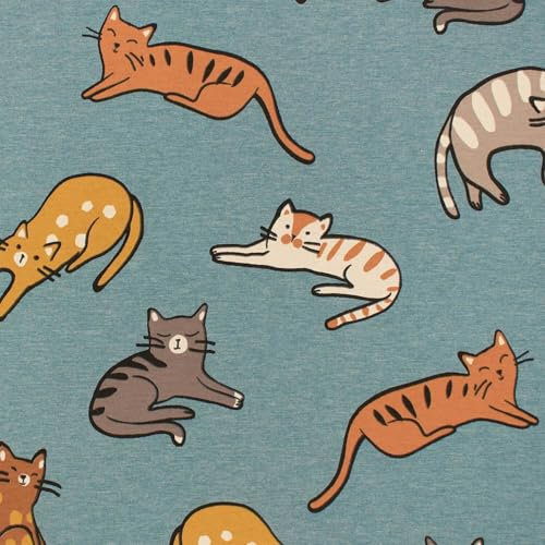 Jersey Stoff gemalte Katzen, meliert blau (Länge am Stück: ab 50cm / Breite: 150cm)