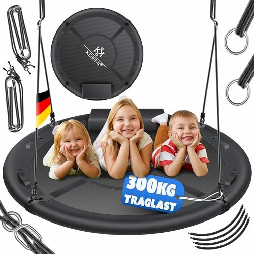 KESSER® Columpio nido, columpio redondo, diámetro de 120 cm, soporta hasta 300 kg, con cojín y 4 asas, ajustable, para interior y exterior, para niños y adultos, antracita
