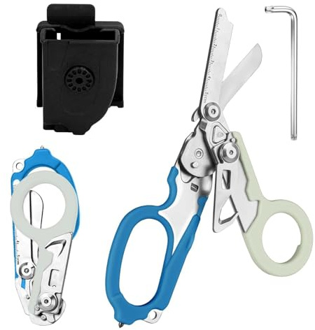 Trauma Ciseaux de sauvetage 6 en 1 pliables Trauma Ciseaux d'urgence, ciseaux à pansements avec coque K, clé pour services d'urgence professionnels, camping en plein air (bleu et gris)