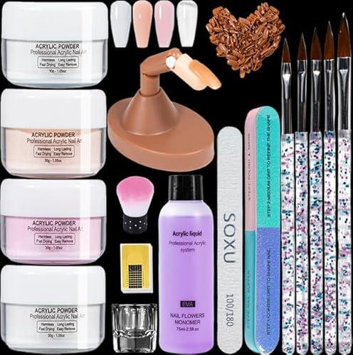 Acrylic Nail Kit Acrylic Powder - Large 30G Acrylic Nail Powder in 4 Colors - Nude Pink White Transparent - 75ML Acrylic Liquid and Practice Hand Finger with Replaceable Nai Tips