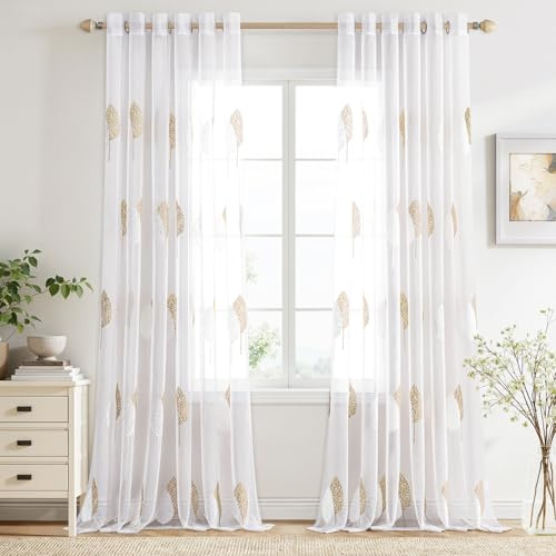 MIULEE Gardinen mit Braun und Weiss Blätter Muster 2er Set 200x245cm | Modern Stickerei Wohnzimmer Vorhänge Transparent mit ösen für Schlafzimmer Deko, Schöne Blätter Muster Vorhang Fenster