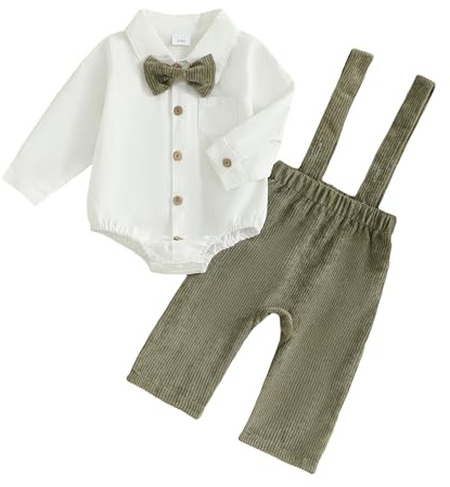 Haomibacu Newborn Infant Baby Boy Outfit Button Up Bow Tie Shirt Romper Suspender Overall Pants Set Gentleman Wedding Formal Clothes 0-18 M (White, 3-6 Months)