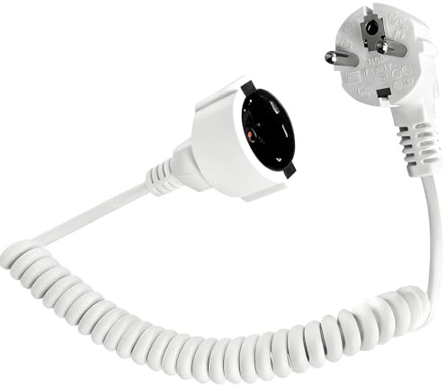 Schutzkontakt Spiralverlängerung 0,7m auf 2m kurzes Verlängerungskabel Spiralkabel IP20 Stromkabel Verlängerung 230V/16A Coiled Extension Cable mit Schuko-Stecker und Kupplung, Weiß