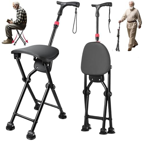 ALEVMOOM Gehstock mit Sitz, Faltbarer Tragbarer Gehstock, Rutschfestes Aluminium, Höhenverstellbar, Sitzstock für Erwachsene und Senioren, Maximale Belastung 180 kg, Geeignet für Reisen im Freien