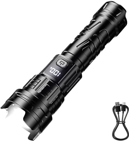 Xevinas Taschenlampe LED Aufladbar Extrem Hell 1000000 Lumen, Taktische Flashlight mit 2 Schaltern Stufenlos Dimmbar USB, Torch Light for Outdoor Notfälle