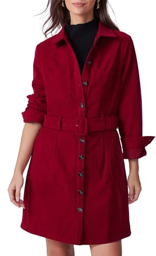 Kedera Womens Casual Fall Corduroy Dress Button Down Cord Shirt Burgundy Mini Dress Christmas Work Family Photo