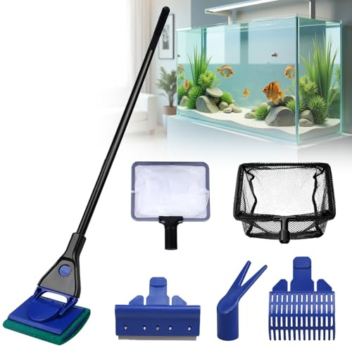 BAIFULAI Utensili per la pulizia dell'acquario: set 6 in 1 con rete da pesce, rastrello di ghiaia, forchetta per piante, raschietto, spugna, detergente per serbatoi di pesce per barriera, corallo e