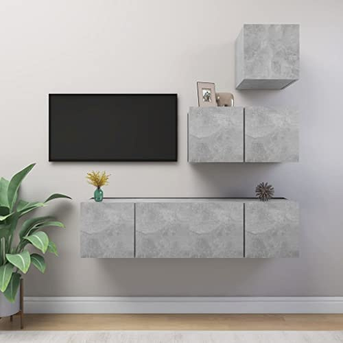 Teenpull Ensemble de 4 meubles TV en bois gris béton, montage mural, espace de rangement pour salon, chambre à coucher, médias, design moderne, durable, largeur 30 à 60 cm