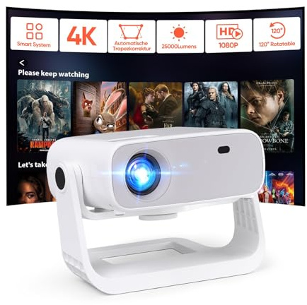 2025 Neuer Smart Beamer,Integrierte Apps,Full HD 1080P mit 4K-Unterstützung,25000 Lumens, 4D-Trapezkorrektur,Heimkino 4K Beamer Kompatibel mit iOS/Android/PS5
