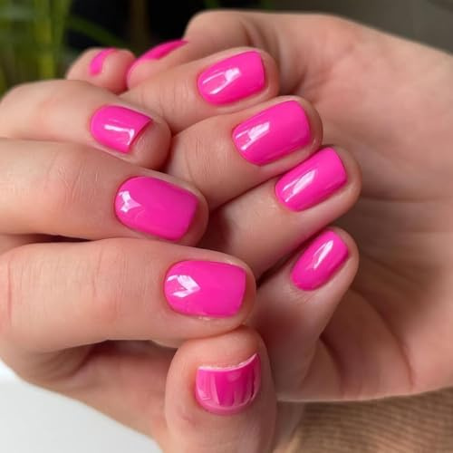 KQueenest Press On Nails, unghie corte rettangolari – rosa caldo unghie artificiali da incollare, tinta unita, unghie finte da applicare, unghie finte da applicare, colore fucsia lucido gel acrilico