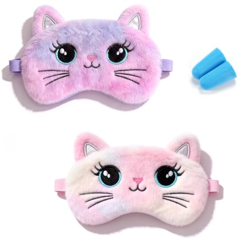 XRVRILE Schlafmaske Kinder Augenmaske Plüsch Schlafmaske Katze Augenbinde Schlafen - 2er Set mit Ohrstöpsel Schlafmaske weich lichtdicht elastisch bequem für Reise Nickerchen Büro Entspannung
