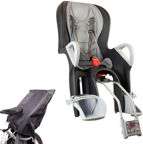 OK Baby Fahrradsitz bis 22 kg mit Regenschutz & Sattelcover - Schwarz Grau | Kinderfahrradsitz für hinten mit neigbarer Rückenlehne, ADAC-Test 06/2024 GUT 2,0,stabiler Fahrrad Kindersitz bis 22 kg