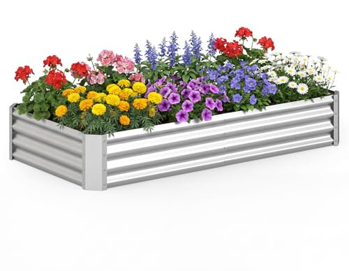 GOPLUS Carre Potager en Acier Galvanisé, Jardinière Exterieur, 180x92x30CM | Bordure de Sécurité, Fond Ouvert, Hauteur Ergonomique pour Légumes, Fleurs, Herbes, Jardin, Terrasse, Pelouse, Argent