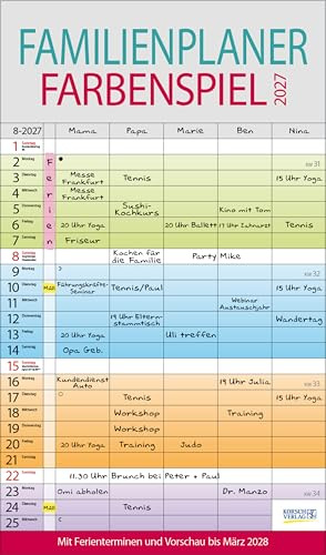 Familienplaner Farbenspiel 2027: Familienkalender, 5 breite Spalten, guter Überblick durch farbliche Wochen. Mit Ferienterminen, Vorschau bis März 2027 und nützlichen Zusatzinformationen.