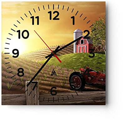 Modern Wanduhr Morgen Bauernhof Feld Plantage 40x40cm Quadrat Groß Wand Uhr Glas Analog Zimmeruhren Küche Büro Wohnzimmer Glasuhr Wall Clock Dekoration Design Wanddekoration Küchenuhr C4AC40x40-2639
