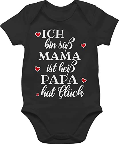 Shirtracer Baby Body Junge Mädchen - Sprüche - Ich bin süß Mama ist heiß Papa hat Glück Herzen - 6/12 Monate - Schwarz - strampler süße babymode witzig spruch dad bodys babybody mit sprüchen spruche