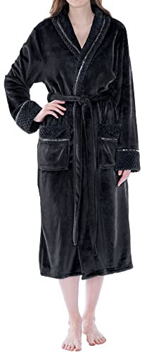 PAVILIA Vestaglia in pile da donna in peluche morbido, accappatoio caldo accogliente, accappatoio lungo femminile sfocato, nero, grande-xl