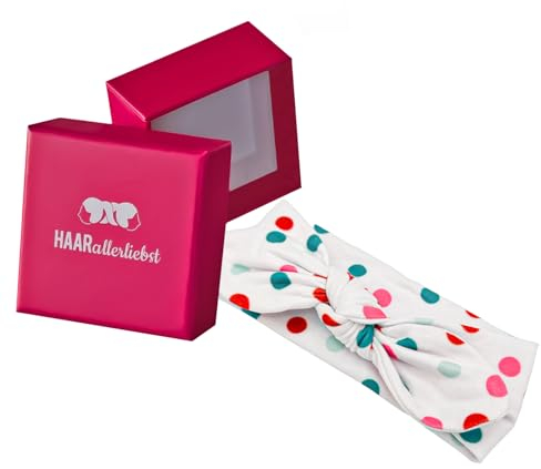 HAARallerliebst Konfetti Haarband mit Schleife (38cm | gepunktet | bunt) inkl. Pinker Schachtel zur Aufbewahrung (Schachtelfarbe: pink)