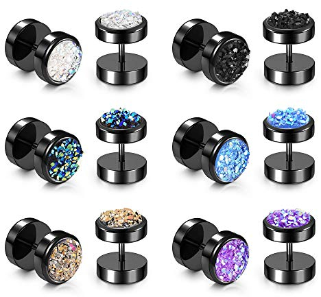 JSDDE Piercing 12 Stück Ohrstecker aus Chirurgenstahl Fake Plugs Ohrläppchen Ohrringe Fake Ohr Cheater Tunnel Plug Barbell Ohrpiercing für Damen Herren (Schwarz)
