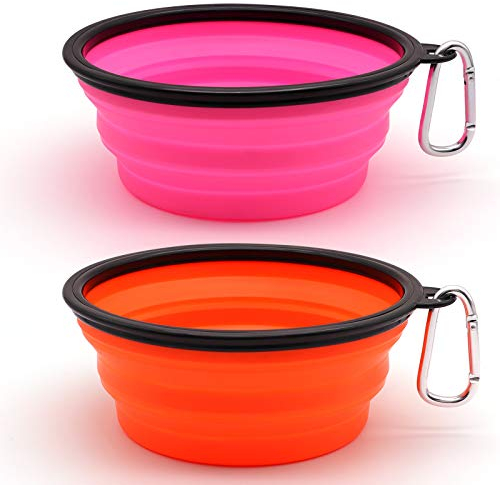 SLSON 2 Pièces Bol à Chien Pliant Bol en Silicone Pliable pour Chiens,Gamelles de Voyage pour Chien et Chat Bols de Voyage Pliables en Silicone pour Chien (Orange et Rose, Grand)