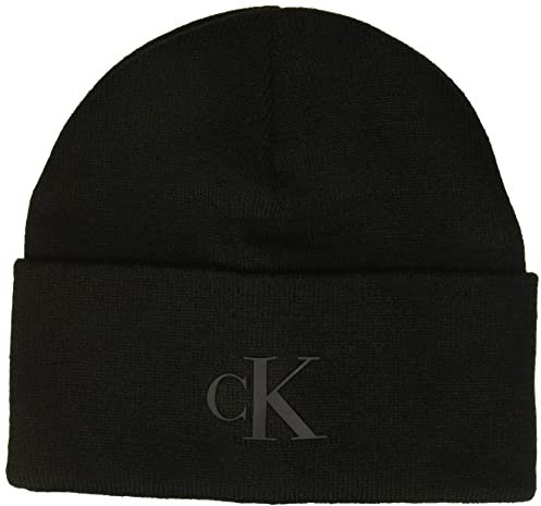 Calvin Klein Herren Mütze mit Manschette Winter-Hut, Schwarzes großes Logo, Einheitsgröße