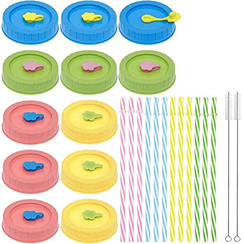 Mason Jar Lids，Canning Lids Mason Jar Lid with Straw Hole,Plastic Straw,Silicone Ring,Cleaning Brush,Lid, for Drinking and Food Storage 26Pcs
