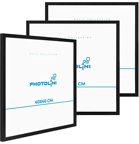 PHOTOLINI Cadre 40 x 40 bois MDF noir, lot de 3 cadres photo pour posters et affiches, verre acrylique incassable, décoration murale à suspendre, avec accessoires supplémentaires
