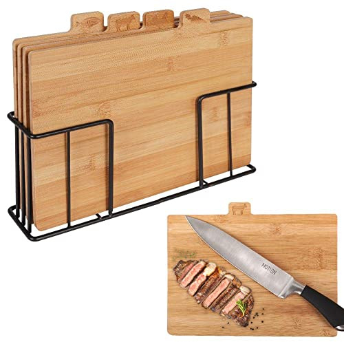 VILDE Lot de 4 Planches à Découper en Bambou avec Support en Métal | 28 x 20 cm | pour les Légumes, la Volaille, la Viande et le Poisson | Large Gamme D'applications