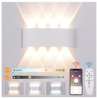 LED Wandleuchte Innen mit Fernbedienung APP, 8W Smart Wandlampe Dimmbar 2700K-6500K CCT Einstellbar Helligkeit Modern Up Down Wandbeleuchtung mit Nachtlicht Modus für Schlafzimmer Wohnzimmer Flur