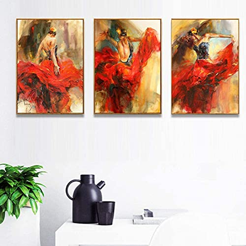 WTEVMAIY Figurenkunst Spanischer Flamenco, Tanzen, Malerei, Leinwand, Poster, Drucke, Tänzerin, Poster, dekorative Malerei, Wandkunst für Wohnzimmer, Heimdekoration, rahmenlos, 40 × 60 cm × 3 Stück