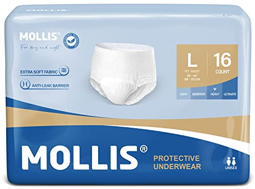MOLLIS Incontinence Pants for Men & Women, Unisex Disposable Protective Underwear, Adult Pull Up, Maximum Absorbency, Large, 64 Count (4 Packs of 16), White