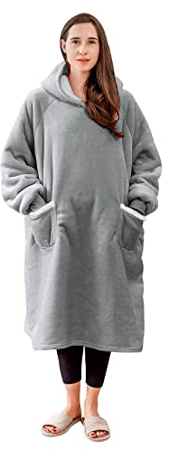Aisbo Sherpa Hoodie Decke mit Ärmeln - Übergroße Tragbare Kuscheldecke mit Kapuze Blanket zum Anziehen Damen Erwachsene, Hellgrau Warme Dicke Ärmeldecke 130x82cm Herren als Geschenke