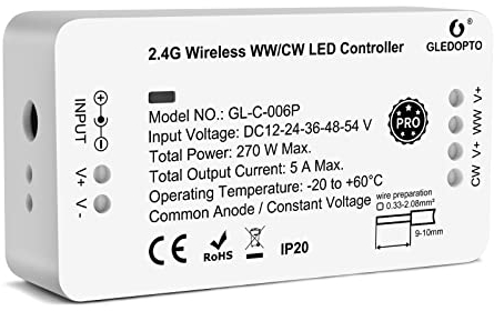 GLEDOPTO Zigbee 3.0 Reset Button Smart LED Strip Controller RGBCCT Pro Work with Tuya SmartThings App Alexa RF Remote Control (PRO WW/CW Controller)