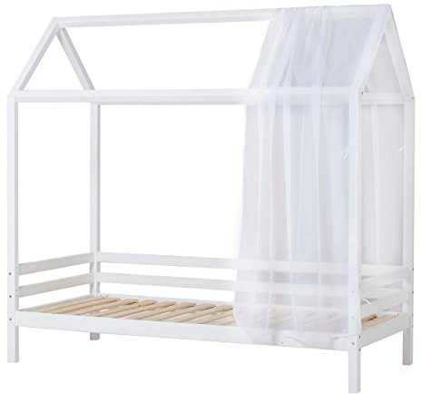 Hoppekids ECO Dream Hausbett | 90x200 | Weiß mit Meerjungfrau Vorhang | FSC®-zertifiziertes massives Kiefernholz aus der EU | Entworfen in Dänemark