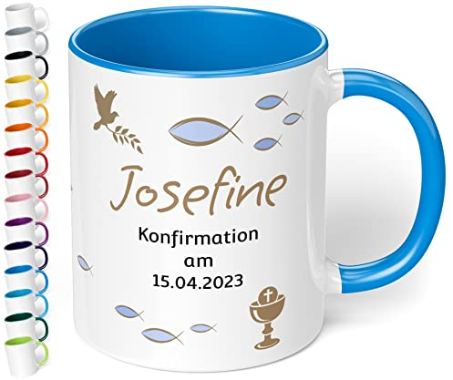Tasse zur Konfirmation mit Namen und Datum personalisiert „Konfirmation am“ – 330ml Keramik Kaffeetasse für Mädchen & Jungen - Konfirmations-Geschenke (Cambridge Blau)