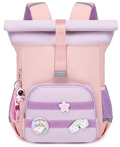Rolltop Rucksack Kinder ab 3 Jahre - Mädchen Kindergarten Backpack Erweiterbarer Kapazität Kleiner Schulrucksack Kindertasche Kita Rucksäcke für Reise Schwimm Freizeit Schule Camping Trekking - Rosa
