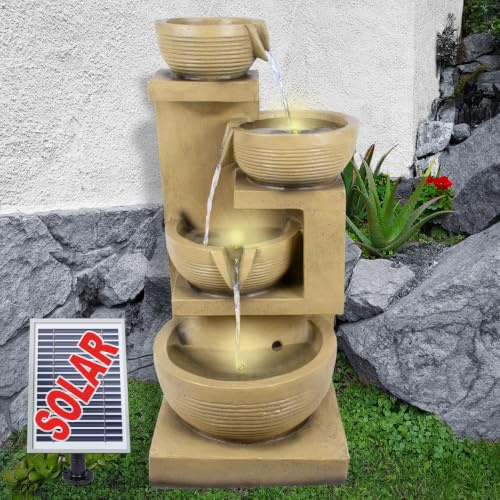 Solar Gartenbrunnen MODERN lichtgrau mit LED-Licht (RÖMER-Kaskade)