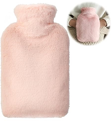 OVOOKER Wärmflasche mit Bezug Kängurutasche - Kuschelweichem Fell Bezug mit Kängurutasche für Hände, 2L Wärmflaschen Auslaufsicher, Handwärmer für Kinder & Erwachsene, Schmerzlinderung (Rosa)