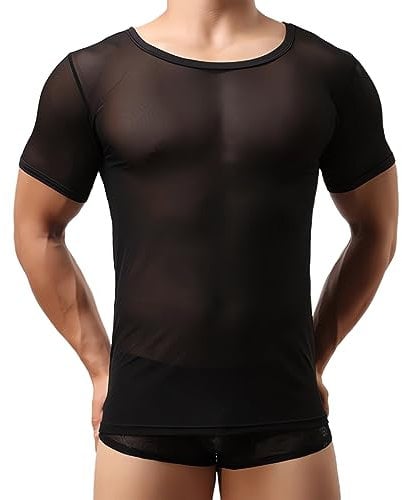 Men's Mesh T-Shirt, Sexy See Through Short Sleeve Tank Top for Men, Breathable Tight Quick Dry Undershirts for Workout, Crew Neck Mesh Crop Top Transparent T-Shirts for Party Rave Disco Clubwear