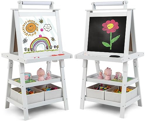 COSTWAY 3 in 1 Kinder Staffelei, Kindertafel doppelseitig, Whiteboard & Kreidetafel & Zeichenpapier, Standtafel inkl. Magneten, 2 Regalebenen Holztafel mit 2 Aufbewahrungsboxen (Beige)