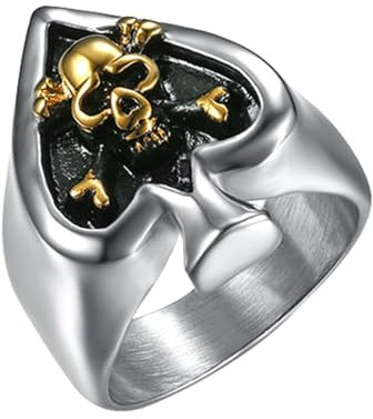 OIDEA Herren-Ring Pik Ass Totenkopf: Silber Poker Herz Biker Ring aus Edelstahl Gothic Skull Siegelring Bandring Geschenk für Männer Junge Größe 62 (19.7)